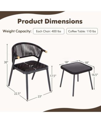 3 PCS Patio Rattan Furniture Set with Tempered Glass Tabletop Wicker Seat