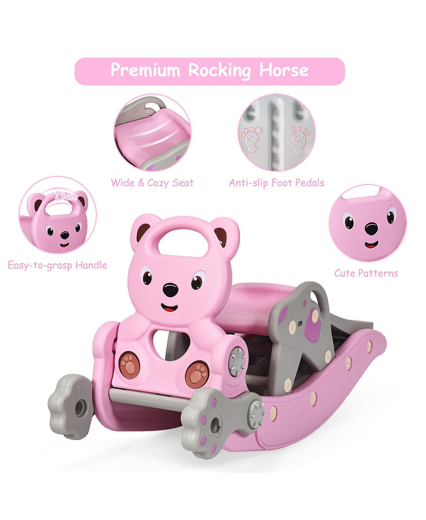 Детские игрушки Costway 4-in-1 Rocking Horse Slide Set with Basketball Hoop and Ring Game, 132 lbs., Ages 1-5, цвет: Розовый — фото 2