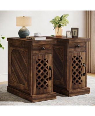 End Table Set of 2, Narrow Side Table with Drawer and Cabinet, Farmhouse Nightstand Sofa End Table for Small Space, Living Room, Bedroom, Vintage Brown