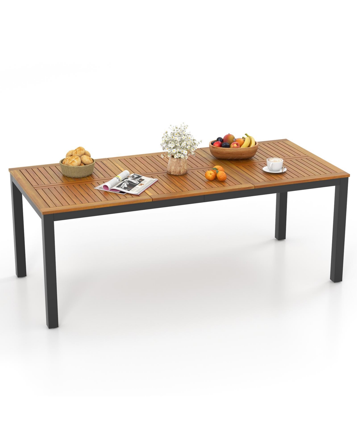 79" Acacia Wood Patio Table 8-Person Outdoor Dining Table with Umbrella Hole - Brown