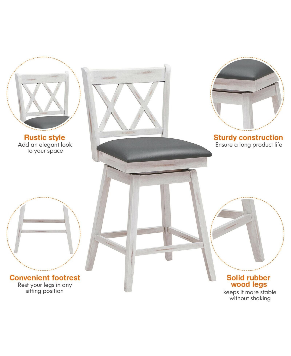 Sugift 2 Pieces Swivel Counter Height Barstool Set with Rubber Wood Legs