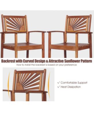 2 Pieces Outdoor Acacia Wood Bar Chairs with Sunflower Backrest and Armrests