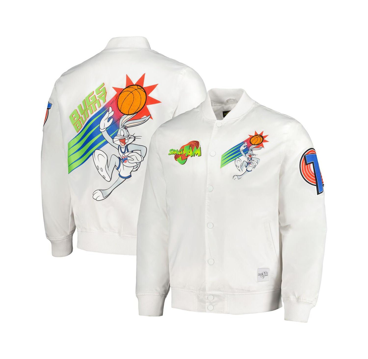 Men's White Looney Tunes Graphic Satin Full-Snap Jacket