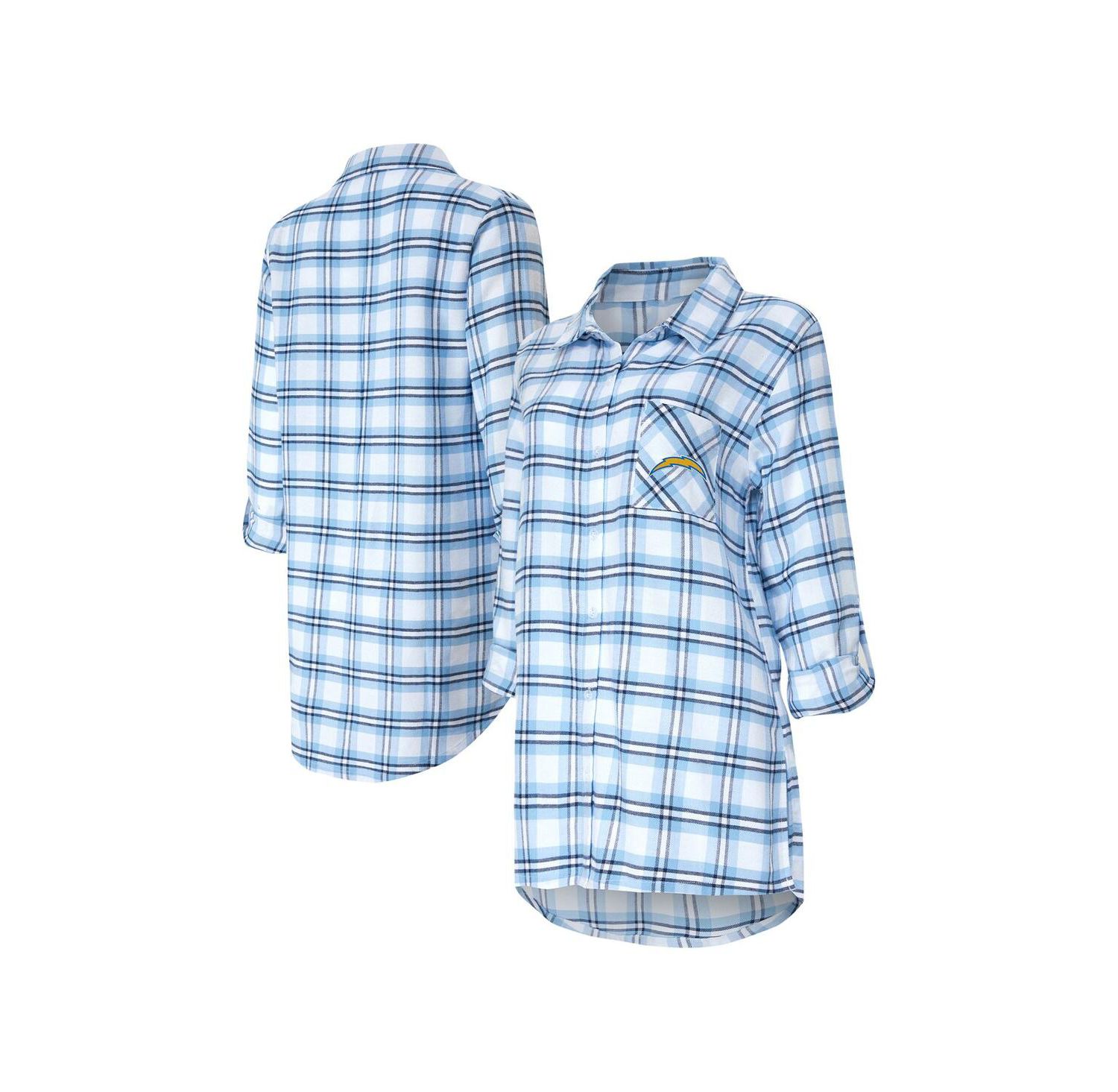 Women's Powder Blue Los Angeles Chargers Sienna Plaid Full-Button Long Sleeve Nightshirt