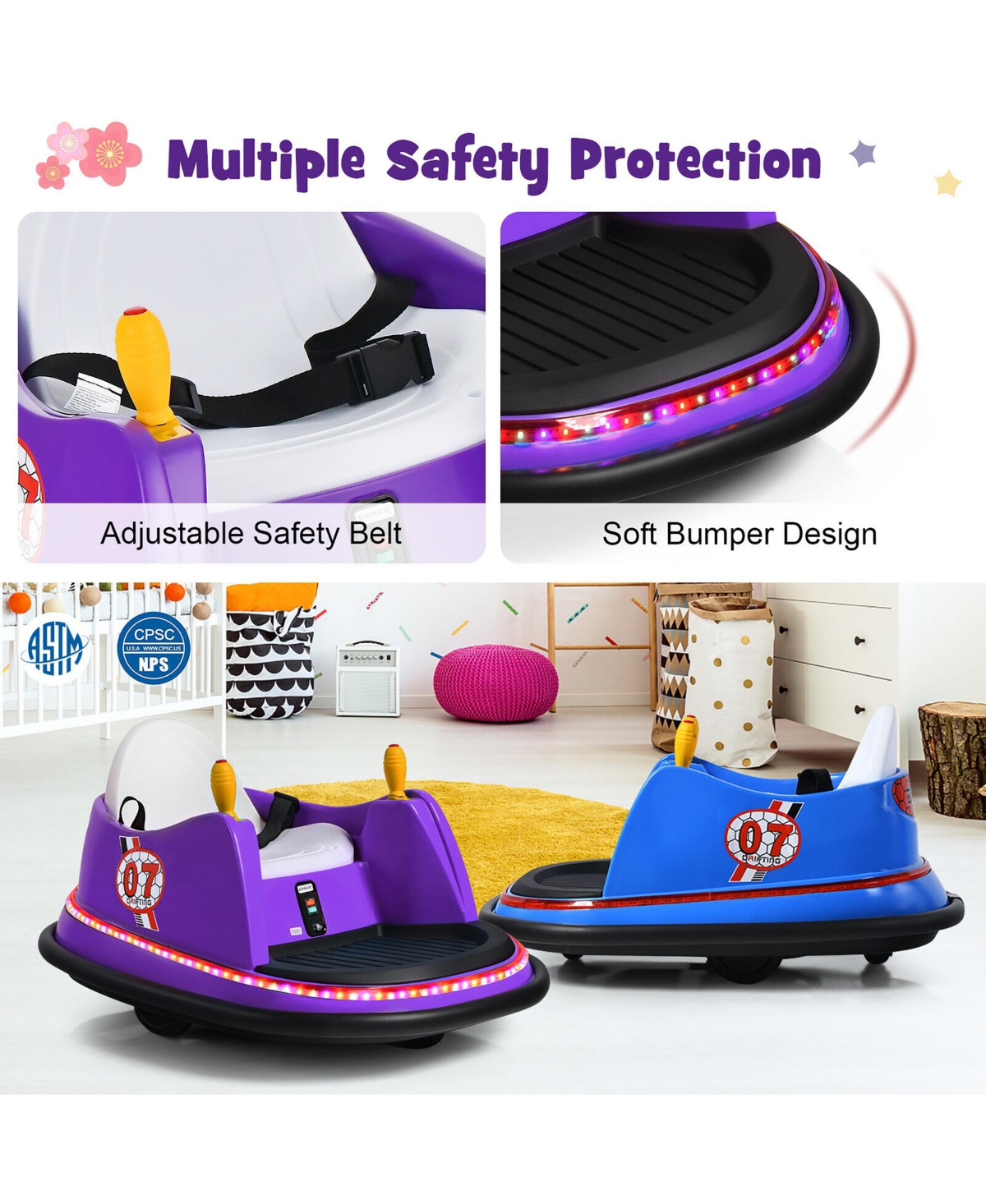 Gymax 12V Vehicle 360 Degree Spin Race Toy Kids Ride On Bumper Car w/ Remote Control Pink - Purple+black+white+yellow