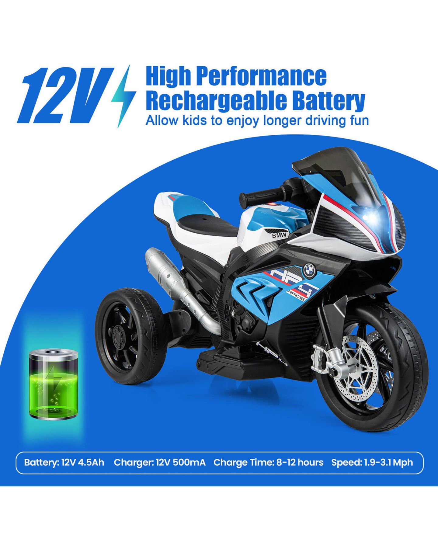 Детская игрушка Gymax 12V Licensed BMW Kids Ride on Motorcycle with LED Headlights, 66 lb. Capacity, Ages 3-10, цвет: Белый, вариант 1 — фото 4