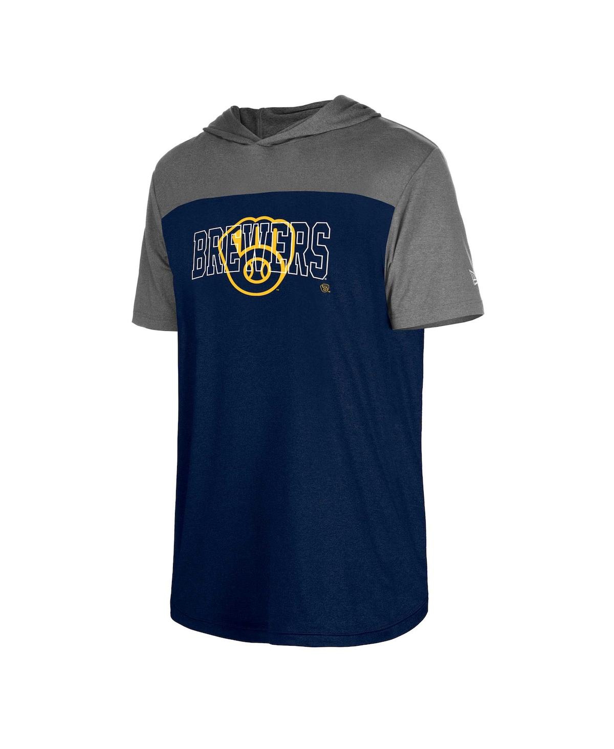 NEW ERA MEN'S NAVY MILWAUKEE BREWERS ACTIVE BRUSHED HOODIE T-SHIRT 