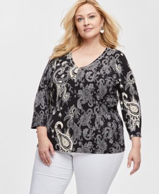 JM Collection - Plus Size Paisley-Print Rhinestone-Trim Top
