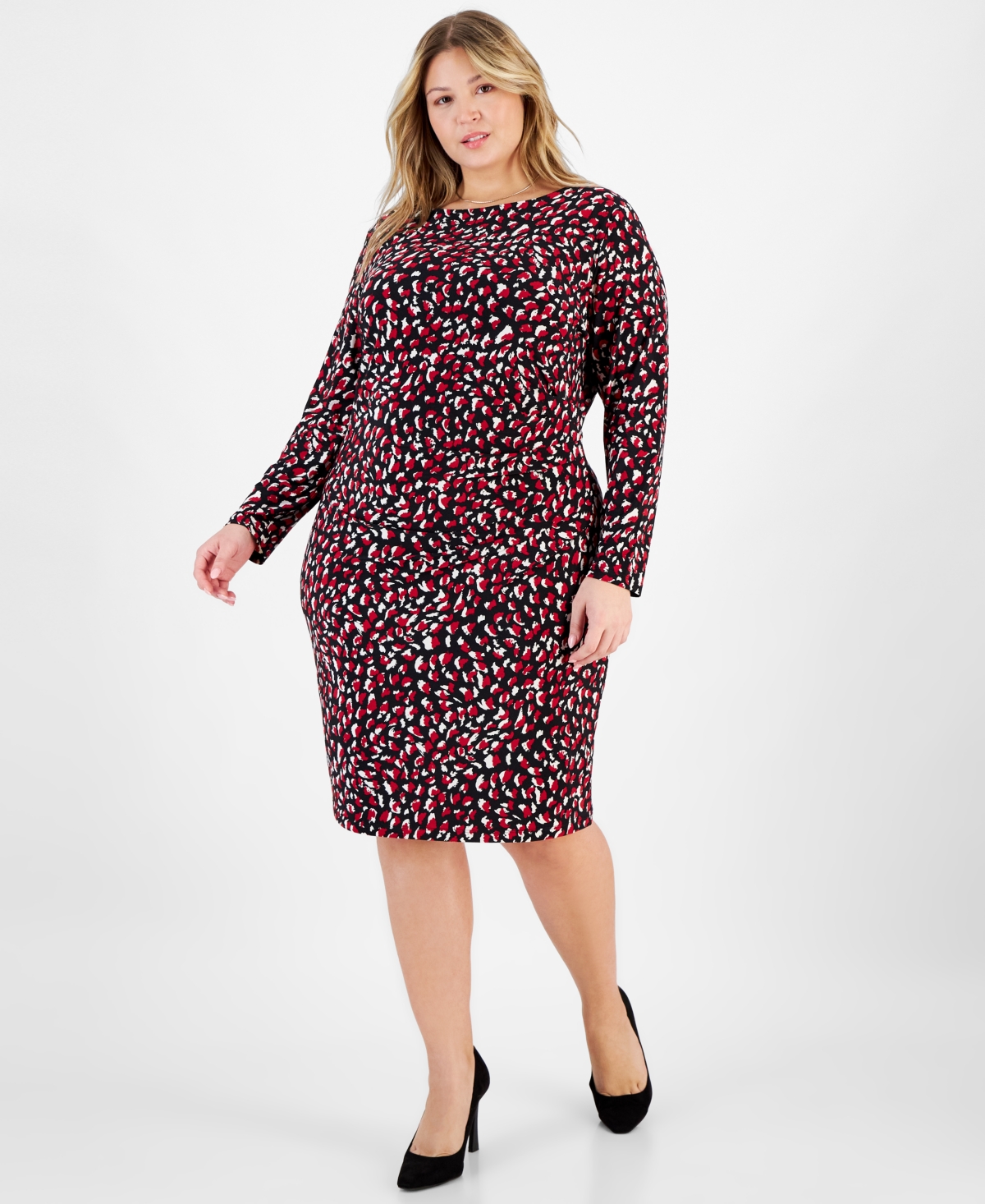 Kasper Plus Size Printed Boat-neck Long-sleeve Dress In Black Multi