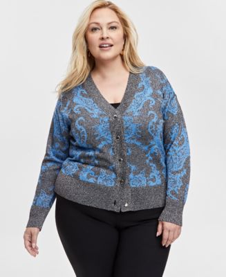 JM Collection Plus Size Print Metallic-Threaded Cardigan, Exclusively ...