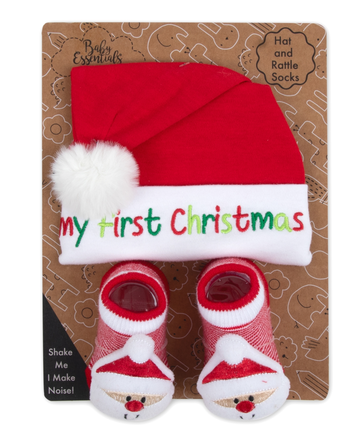 Baby Essentials Baby Boy or Baby Girl My First Christmas Santa Hat & Rattle Sock Set -white