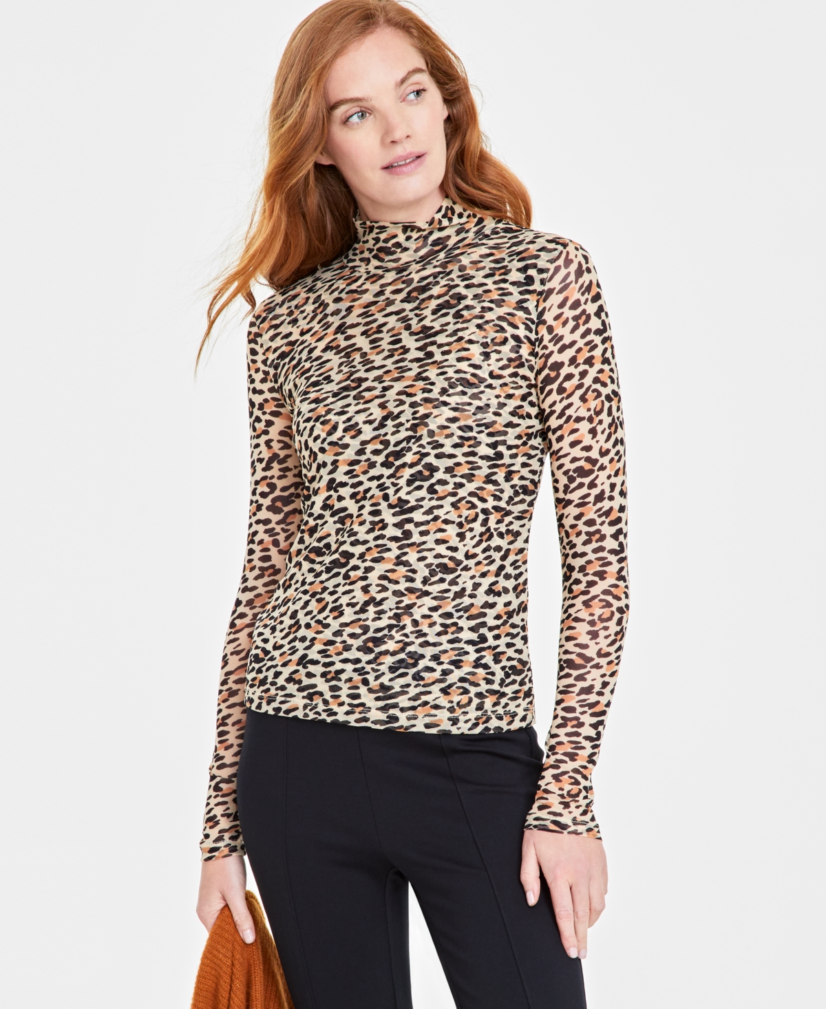 On 34th Women's Patterned Mock-neck Mesh Top, Created For Macy's In Sunset Nude