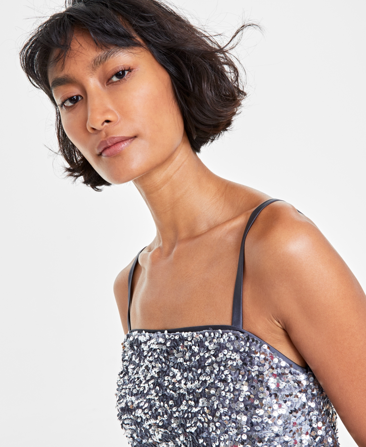 On 34th Women's Sequined Skinny-strap Square-neck Tank Top, Created For Macy's In Shark Fin