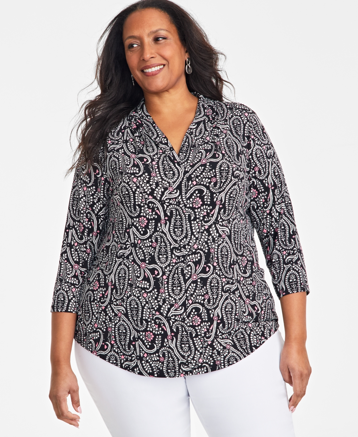 JM COLLECTION PLUS SIZE PAISLEY FERN PRINTED TOP, EXCLUSIVELY AT MACY'S 