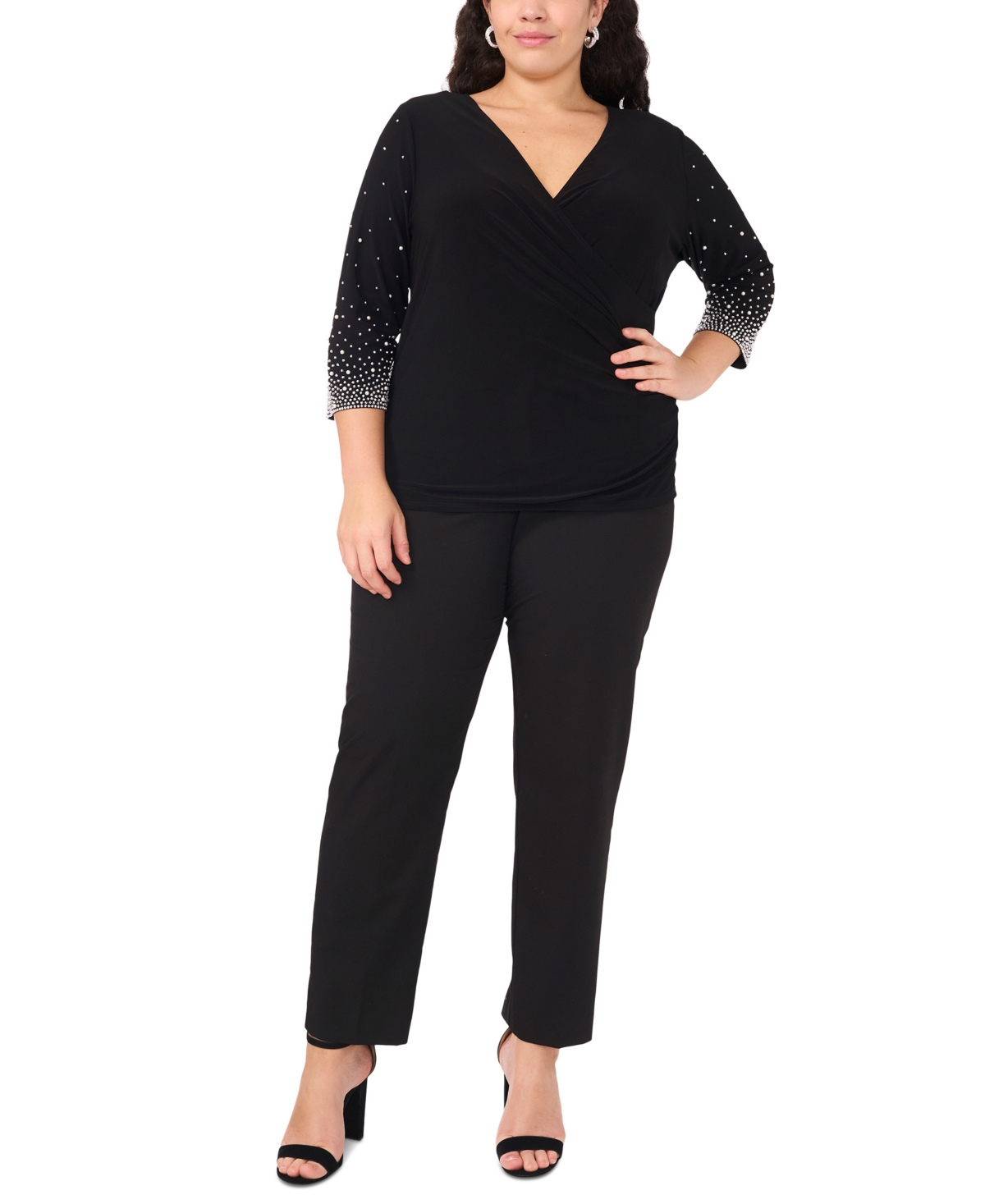 Msk Plus Size Surplice V-Neck Beaded-Sleeve Knit Top