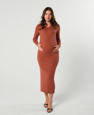 Maternity Maxi Nursing V-Neck Sweater Dress in Cotton Knit
