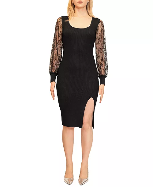 juniors' square-neck sequined-sleeve midi dress