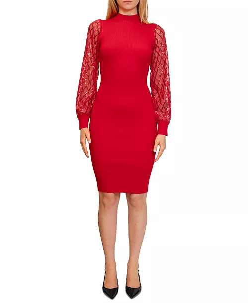 juniors' sequined-sleeve funnel-neck midi dress