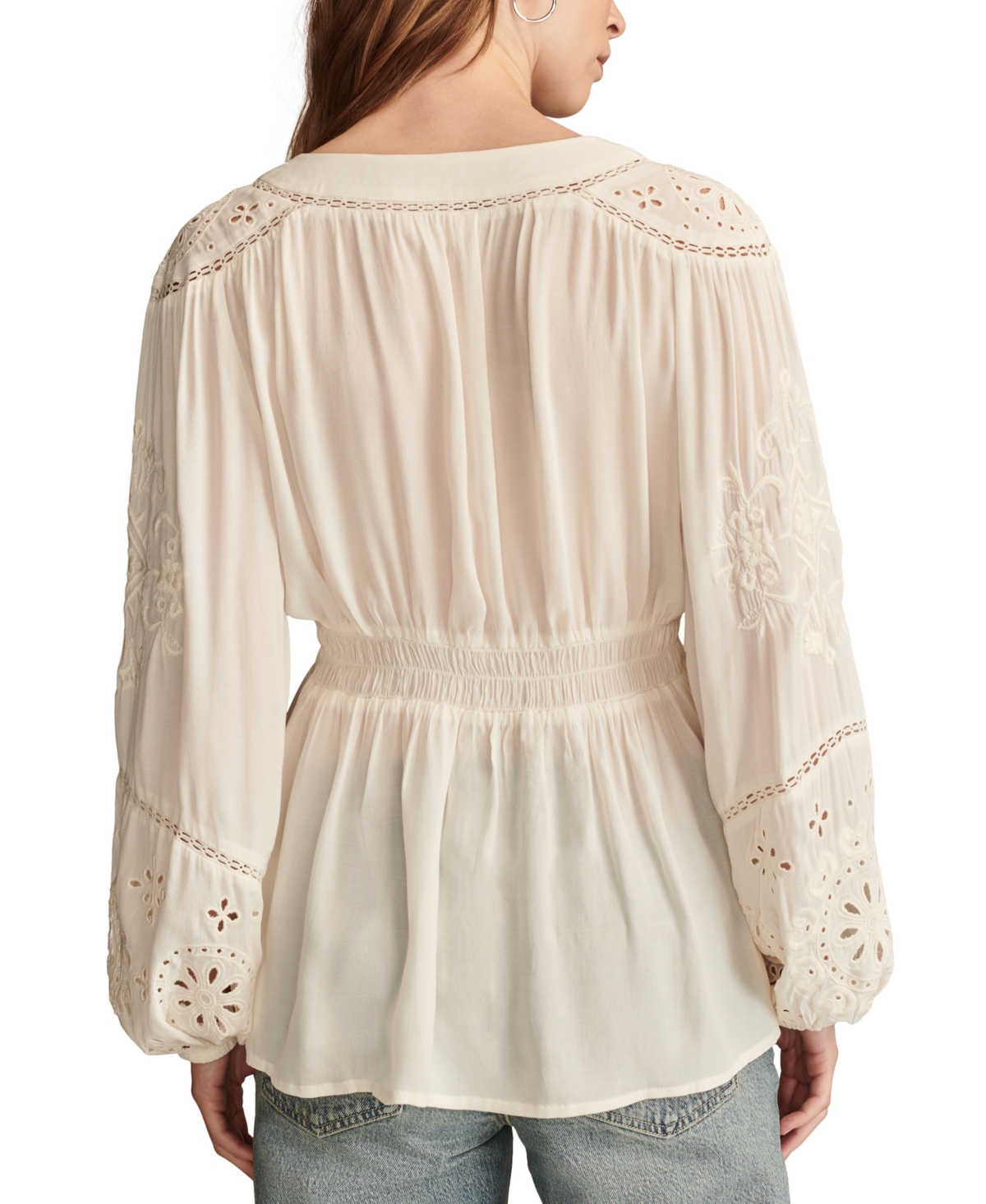 Lucky Brand Women's Cotton Smocked Embroidered Top
