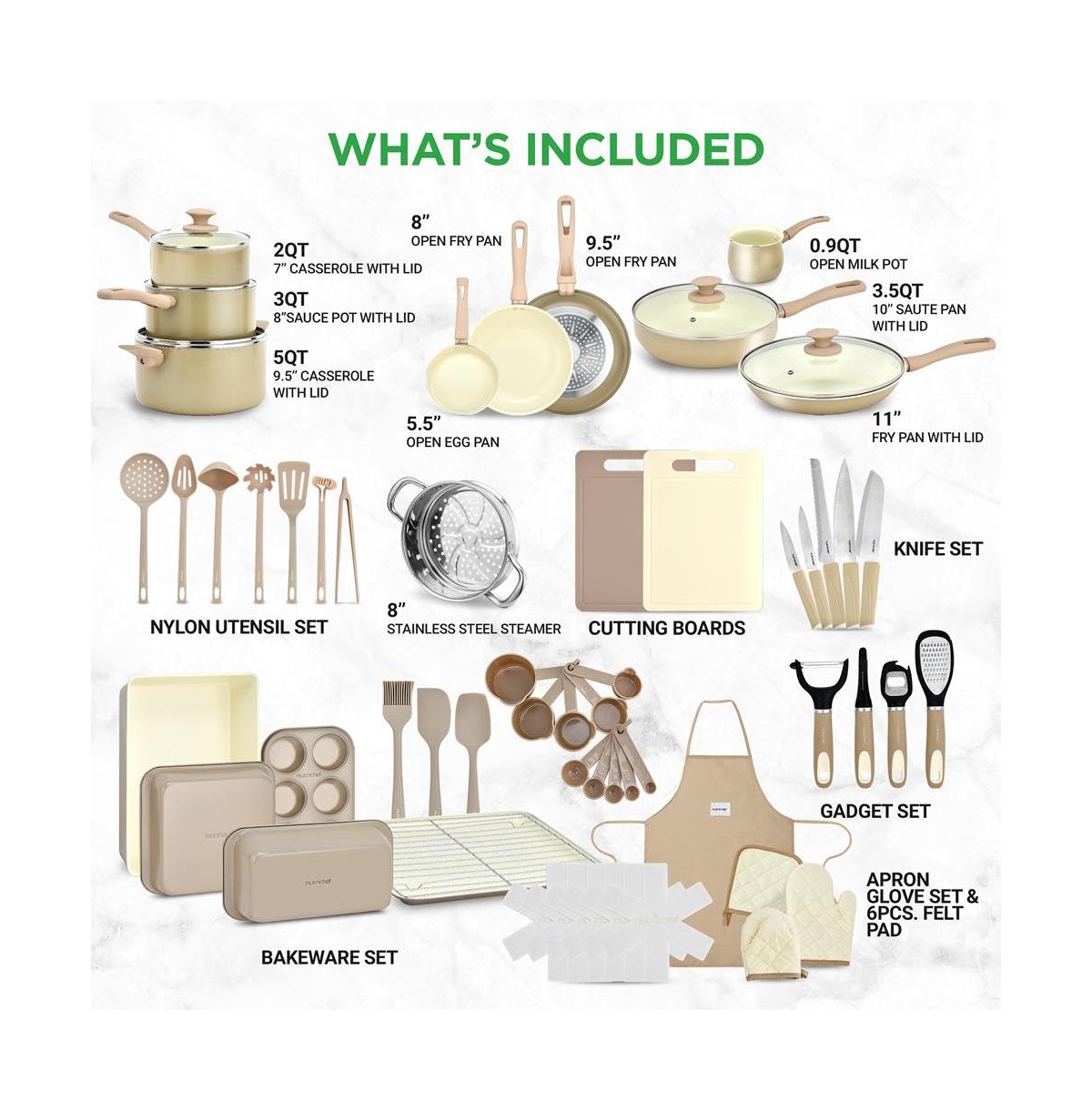 NutriChef 54 Pcs. Home Kitchen Cookware, Kitchen Tools, and Bakeware Set - High-Quality Ceramic Kitchenware Pots and Pans (Taupe - Brown