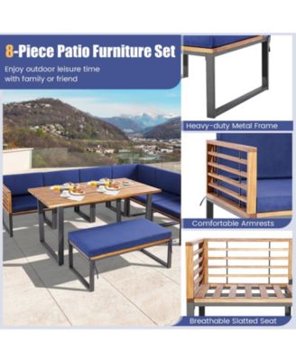 8 Pieces Patio Acacia Wood Dining Table Set with Ottoman Cushions