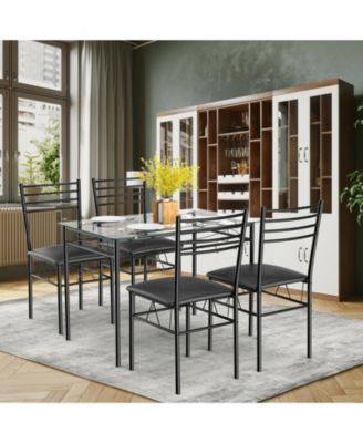 5 Pieces Dining Set with Tempered Glass Top Table and 4 Upholstered Chairs