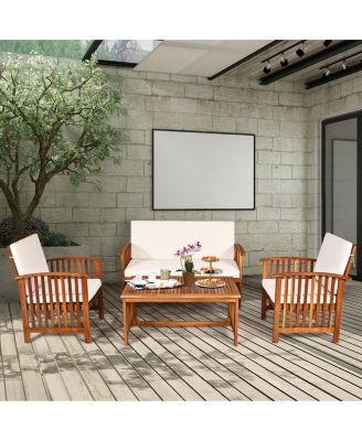 SUGIFT 4 Pieces Patio Solid Wood Furniture Set with Water Resistant Cushions