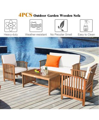 SUGIFT 4 Pieces Patio Solid Wood Furniture Set with Water Resistant Cushions