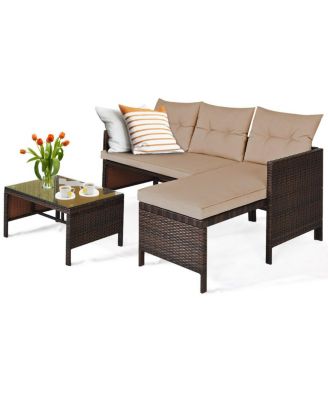 3 Pieces Outdoor Patio Corner Rattan Sofa Set