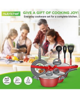Kitchenware Pots & Pans Set - Stylish Kitchen Cookware, Non-Stick Coating Inside & Outside + Heat resistant Lacquer Outside, Dark Gray Inside and Red Outside (12-Piece Set)