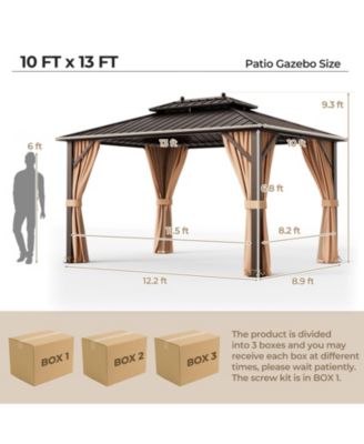 10x13ft Double-Roof Patio Hardtop Gazebo with Galvanized Steel Roof Netting and Curtains-Coffee