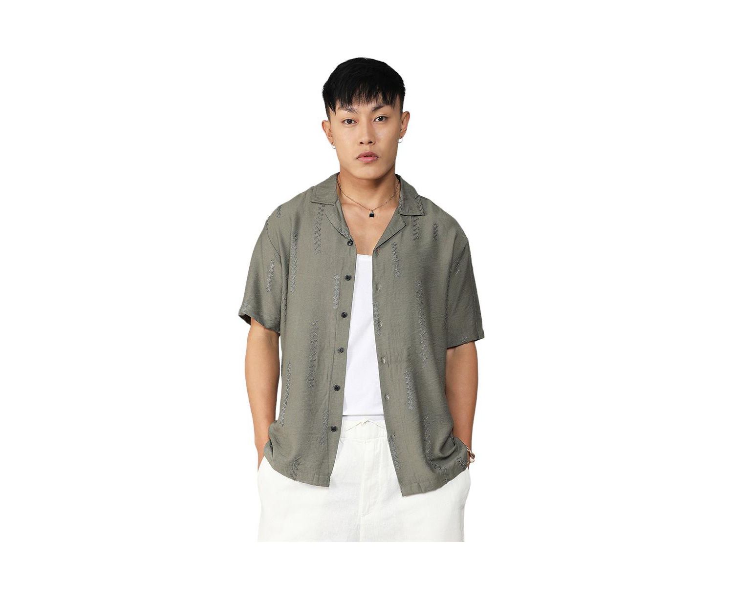 Men's Olive Green Embroidered Twist Shirt