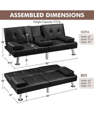 Faux Leather Convertible Futon Sofa Bed with 2 Throw Pillows & Drop-down Cup Holders Dark Brown