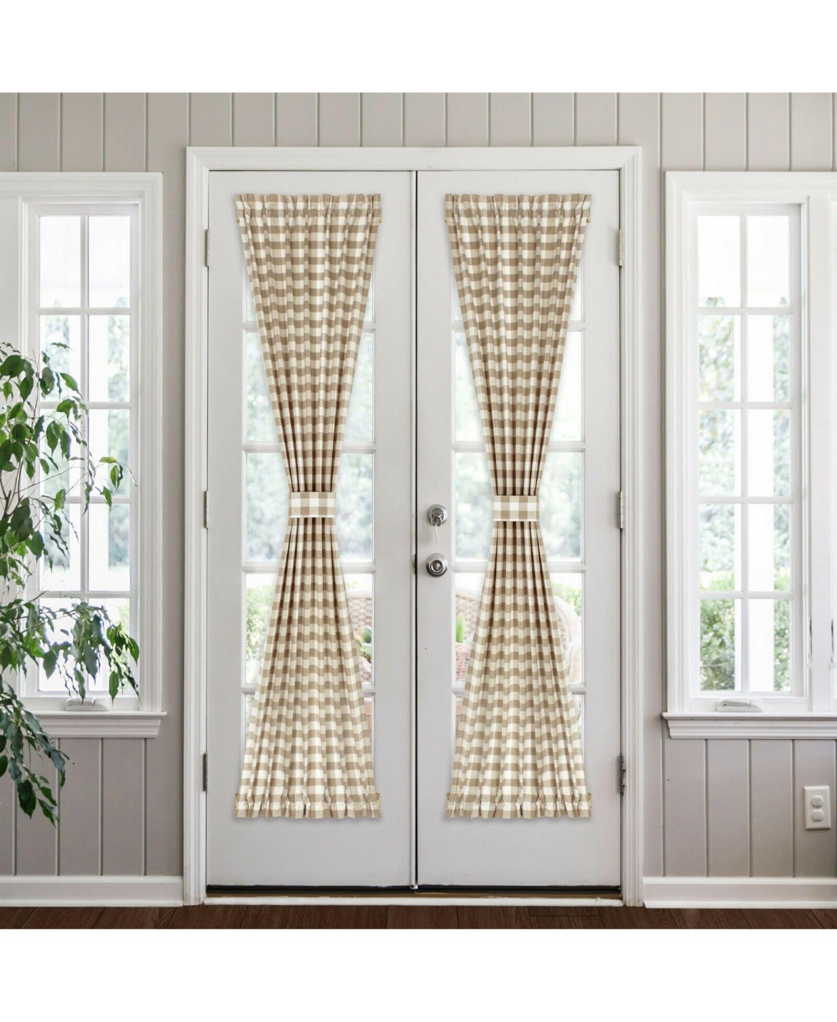 Plaid Country Farmhouse French Door Curtain Panel With Matching Tieback - 54W x 40L, Yellow - Burgundy