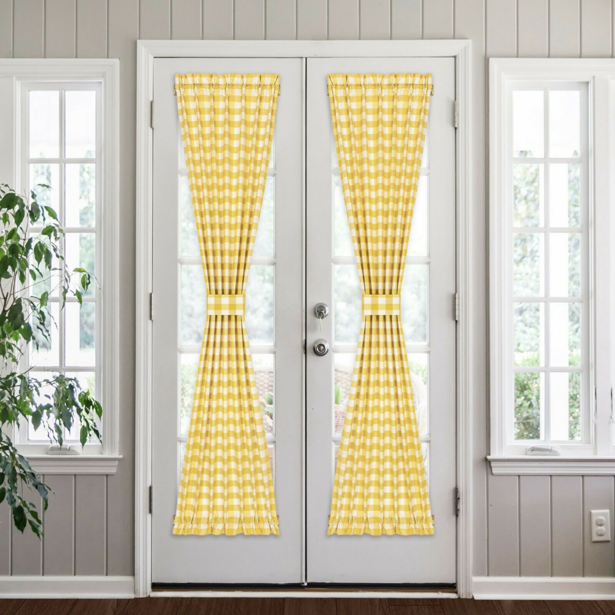 Plaid Country Farmhouse French Door Curtain Panel With Matching Tieback - 25W x 72L, Sage Green - Burgundy