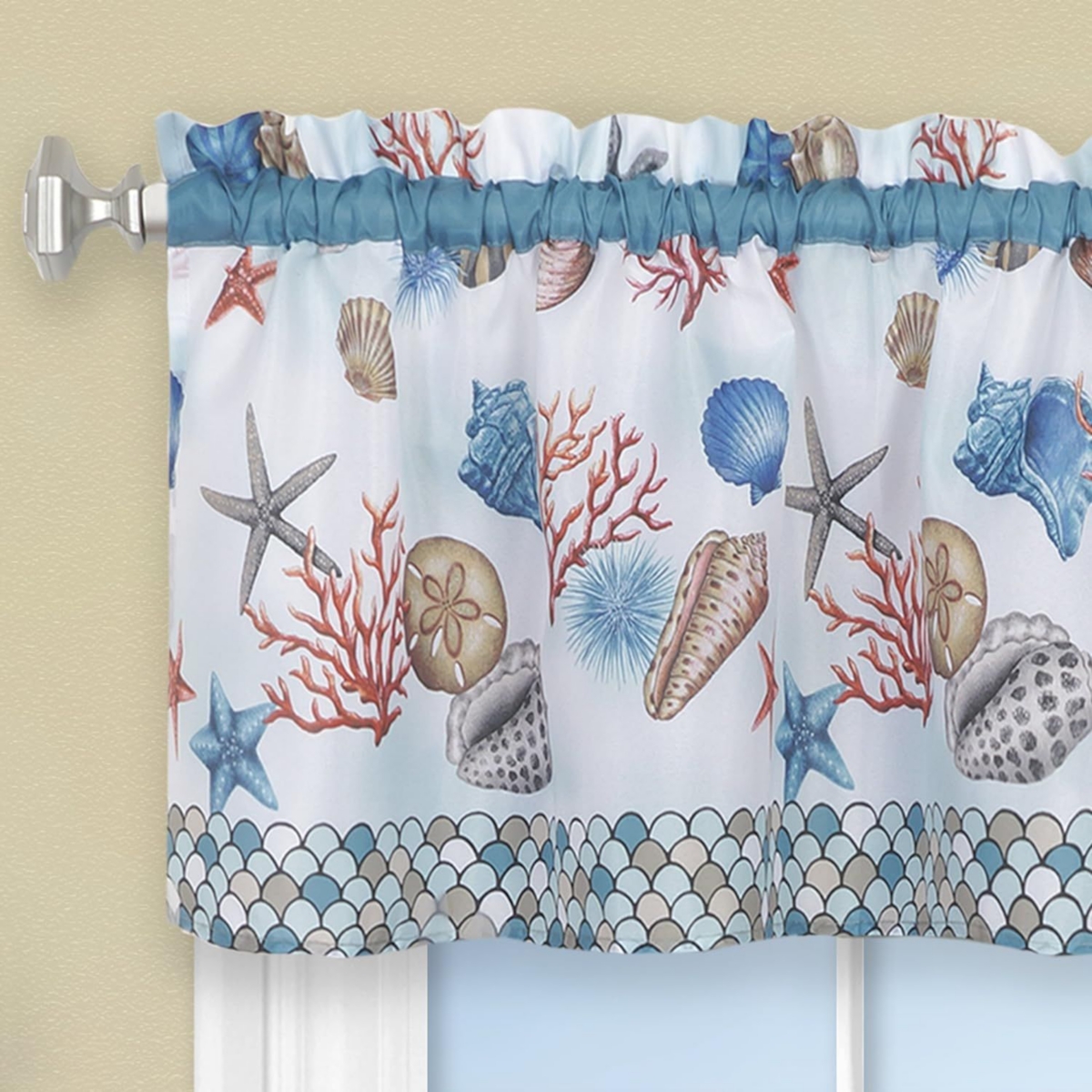 Kate Aurora Coastal Living Nantucket Seashells Complete Kitchen Curtain Tier & Valance Set - 58 in. W x 24 in. L
