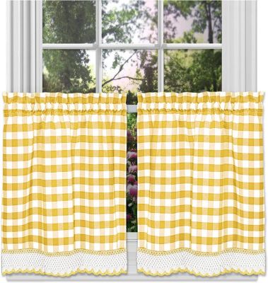 2 Piece Country Farmhouse Buffalo Plaid Rod Pocket Cafe Tier Curtain Panels With Macrame Border