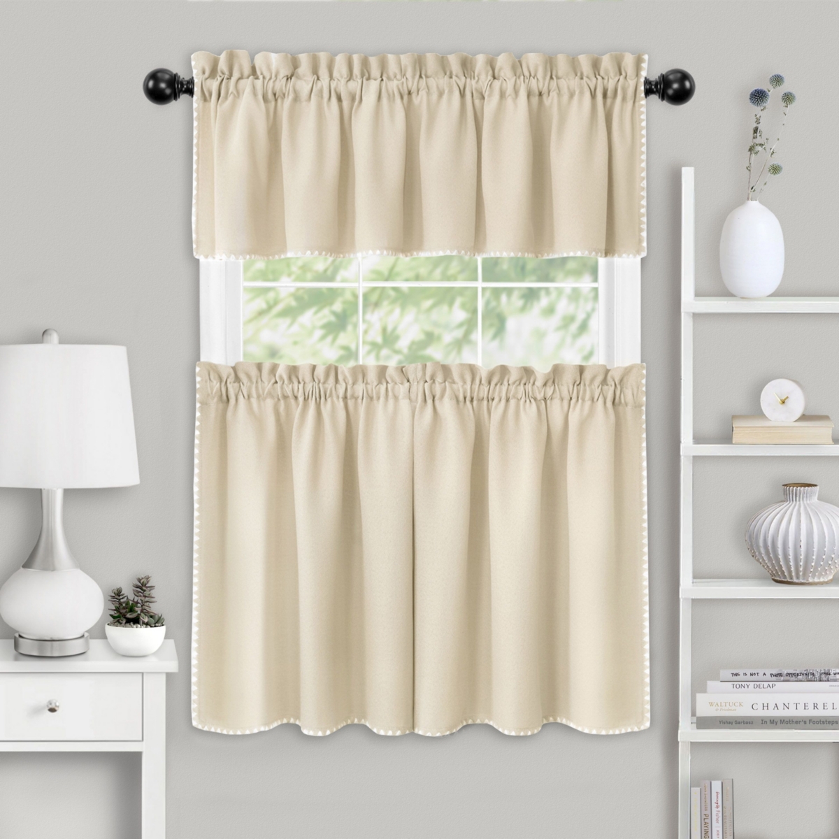 Kate Aurora Coastal Hamptons Living Complete 3 Piece Textured Kitchen Curtain Tier & Valance Set