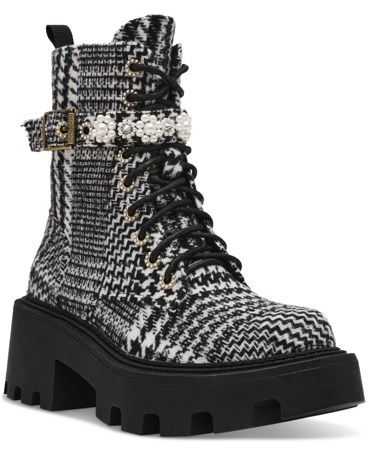 Betsey Johnson Women's Heathr Embellished Lug Sole Combat Booties In Black,white Multi