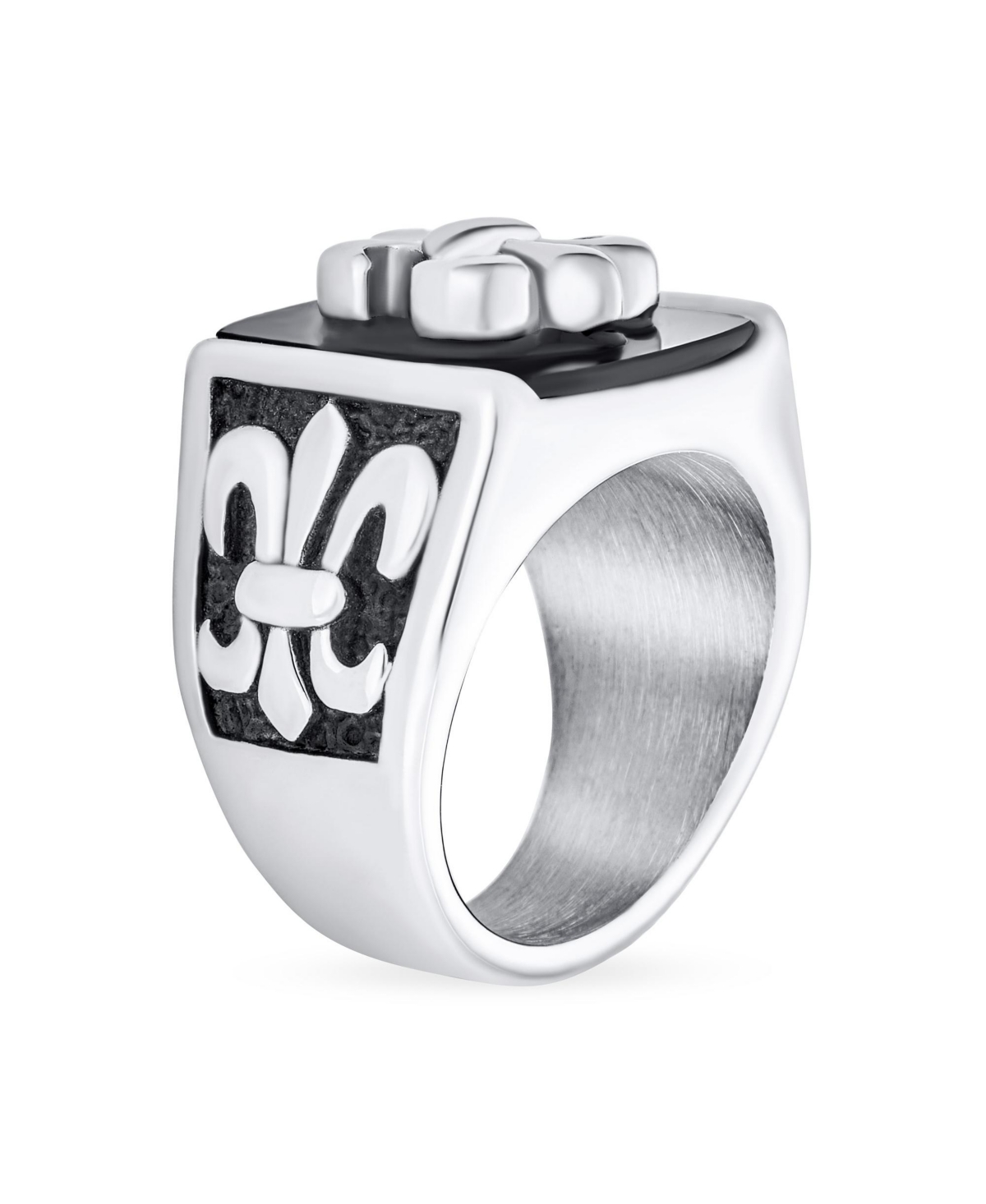 Bling JewelryFleur De Lis Square Signet Ring Silver Tone Stainless Steel - Black