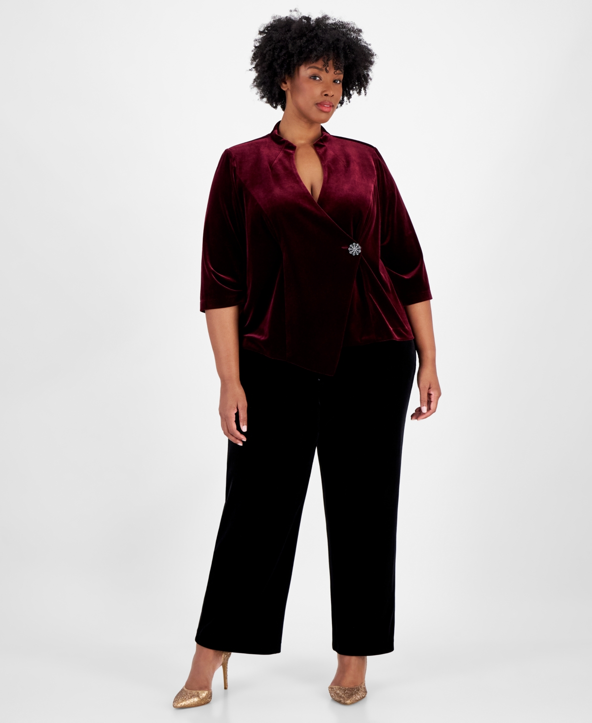 ALEX EVENINGS PLUS SIZE VELVET BEADED-BUTTON 3/4-SLEEVE TOP 