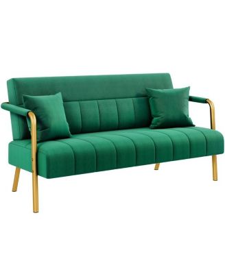 56.6″ W Upholstered Sofa Couch with Gold-tone Metal Arms and Legs