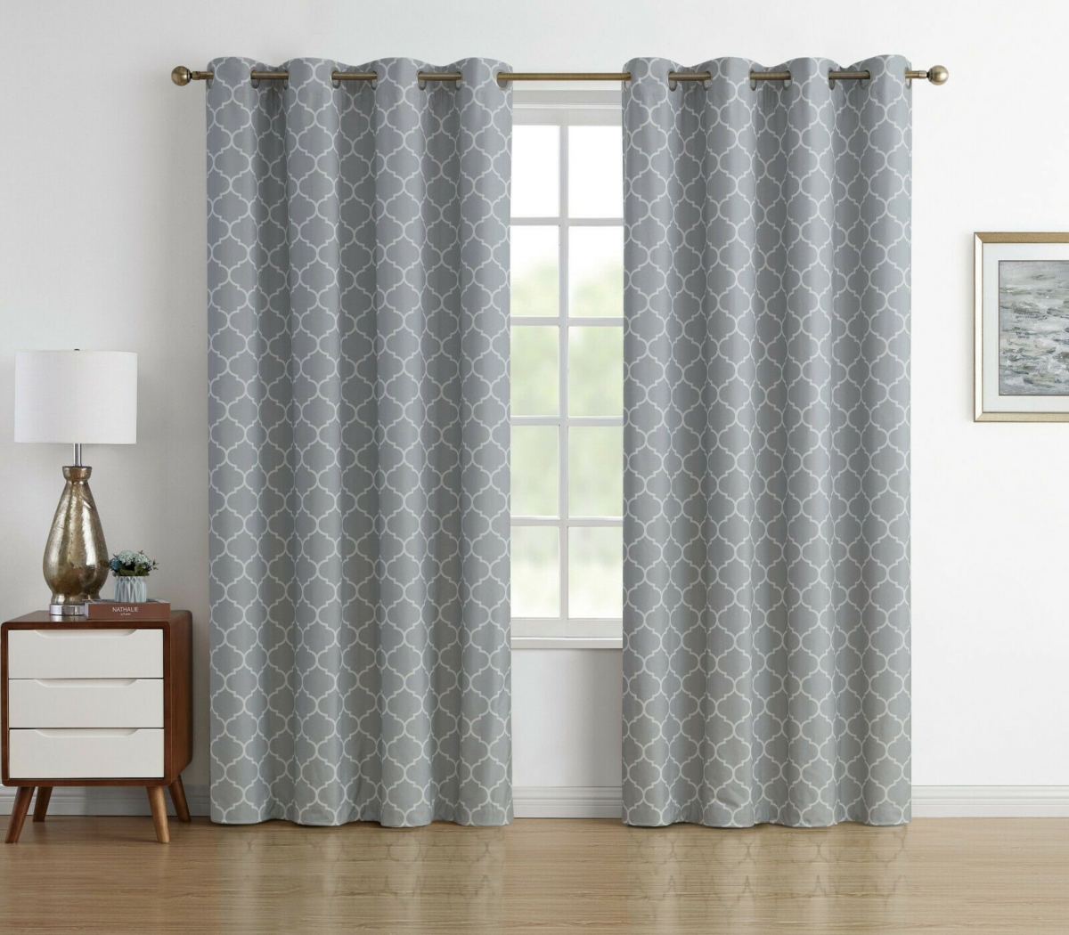 Kate Aurora Chic Living 100% Max Blackout Trellis Clover Thermal Curtains - 52 in. W x 84 in. L,- Gray