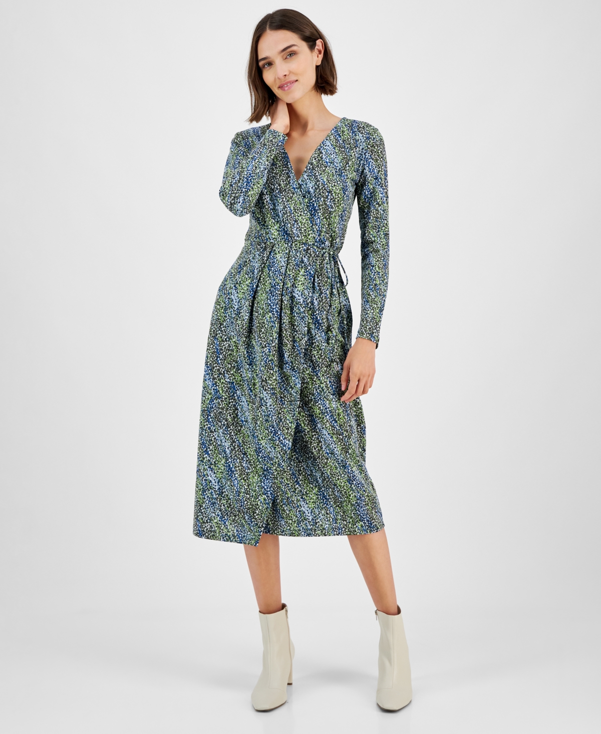 Women's Printed Long-Sleeve Midi Wrap Dress - Deep Sea Print