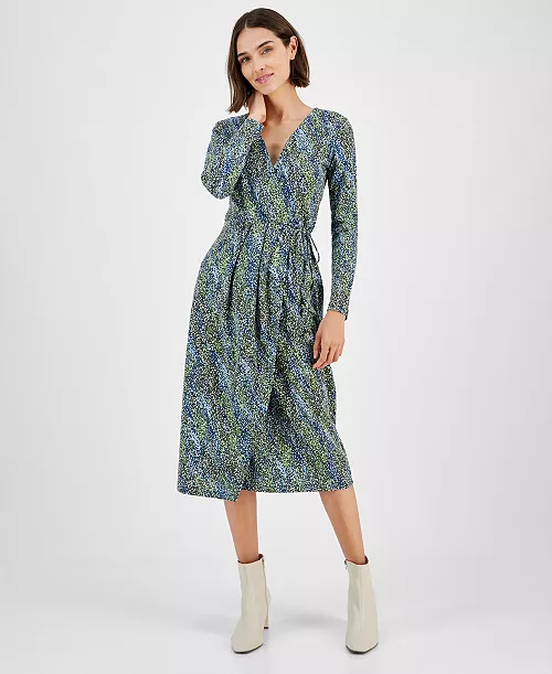 women's printed long-sleeve midi wrap dress