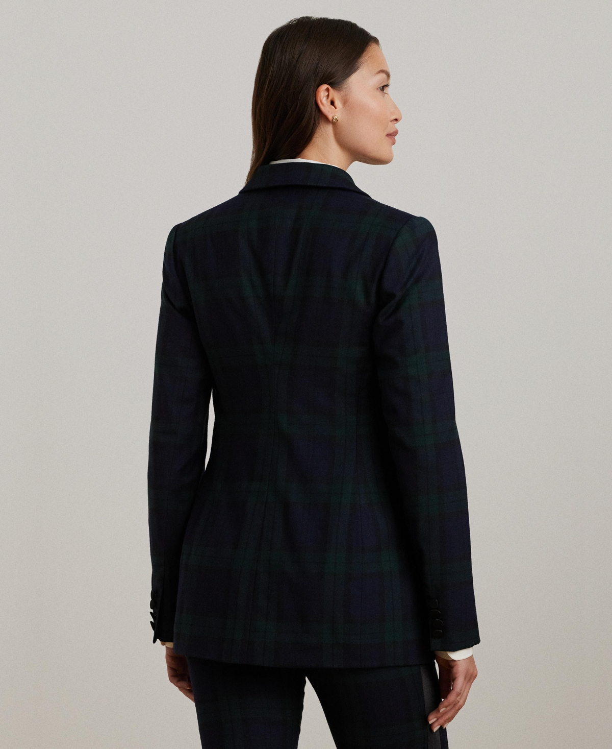 Lauren Ralph Lauren Women's Plaid Double-Breasted Satin-Trim Blazer, Regular & Petite -Navy/Black