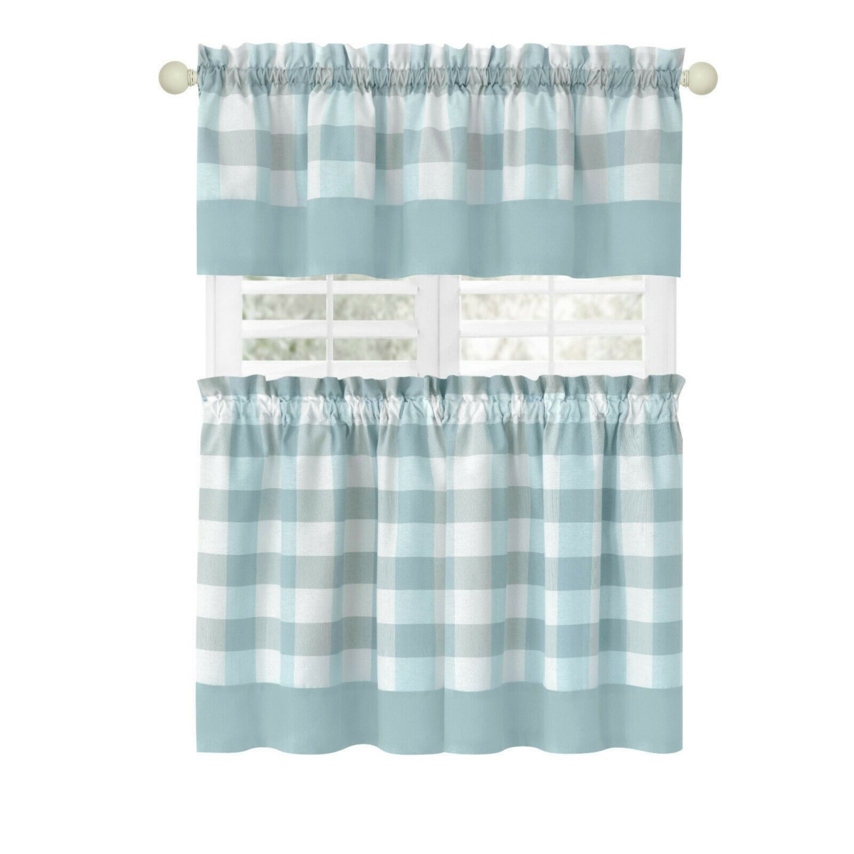Kate Aurora Modern Country Farmhouse 3 Piece Plaid Checkered Cafe Kitchen Curtain Tier & Valance Set