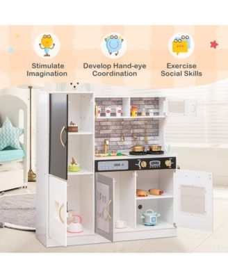 Play Kitchen Toy Set w/ Chalkboard Oven Sink Curtain Microwave Water Dispenser