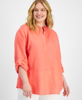 Charter Club - Plus Size Linen Split-Neck Tunic