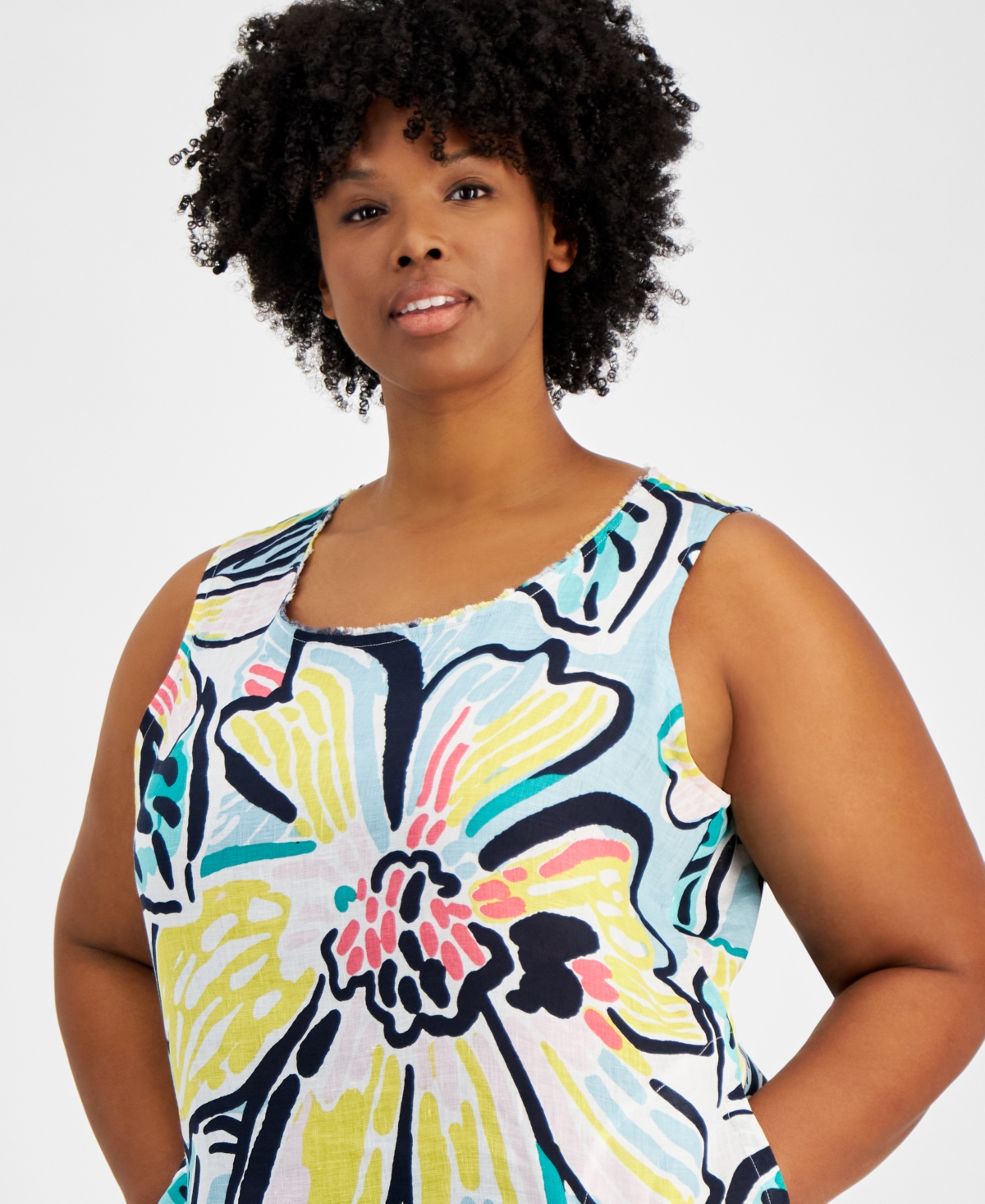 Charter Club Plus Size Linen Floral-Print Tank Dress, Created for Macy's